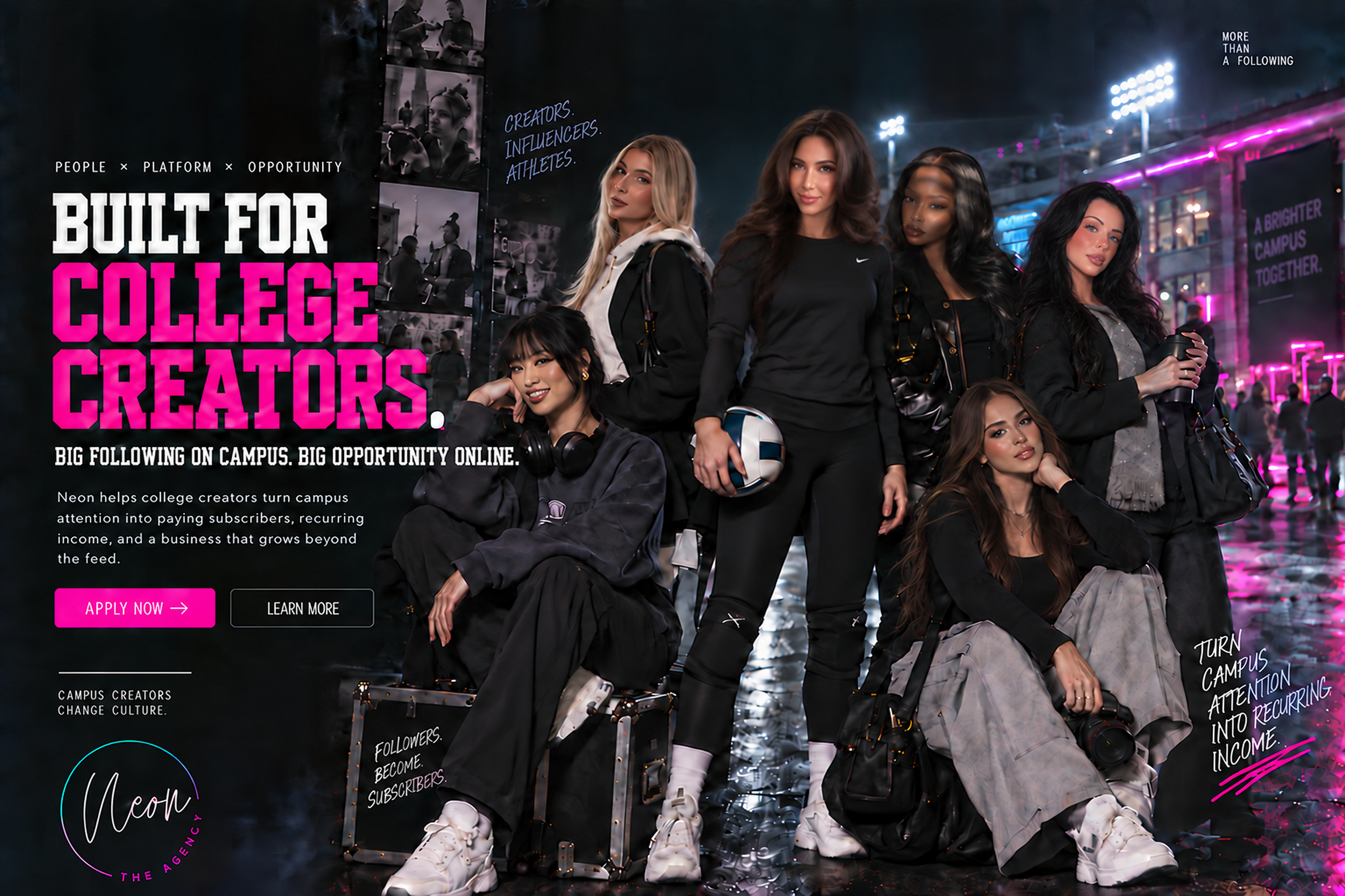 College creators and a volleyball athlete in a neon-lit campus setting